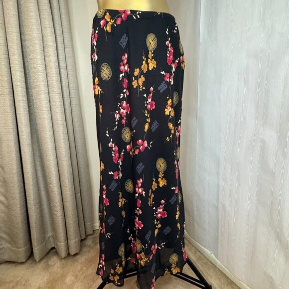 Unbranded Dresses & Skirts - Floral Women's Maxi Lined Skirt Small Oriental Elastic Waist Lined Black Red Ylw
